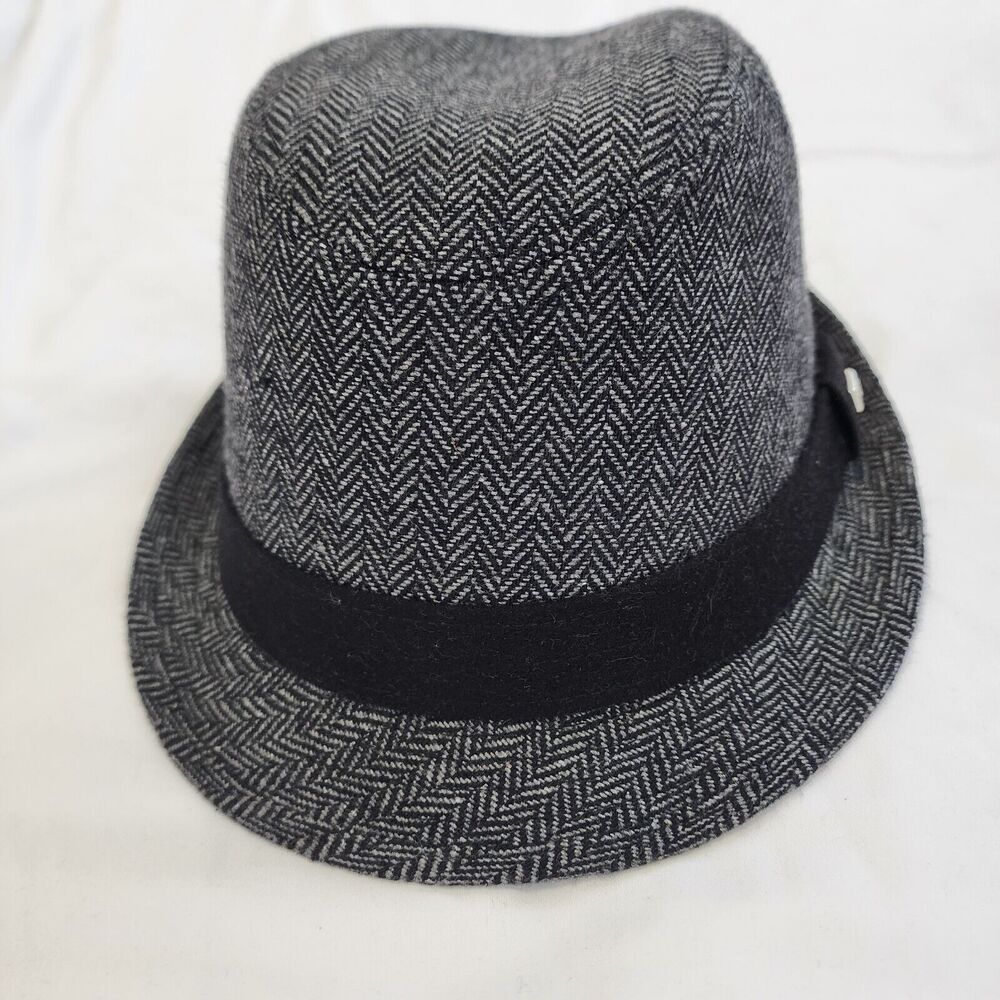 Docker's Men's Herringbone Fedora Hat Black Grey Wool Blend band Elegant Warm
